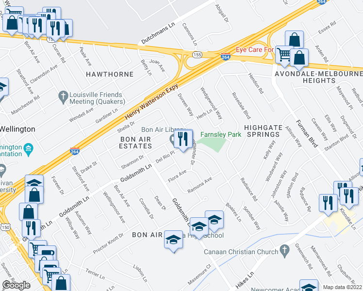 map of restaurants, bars, coffee shops, grocery stores, and more near 2820 Del Rio Place in Louisville