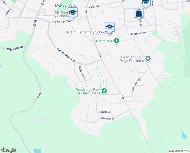 map of restaurants, bars, coffee shops, grocery stores, and more near 128 Sunshine Court in Petaluma