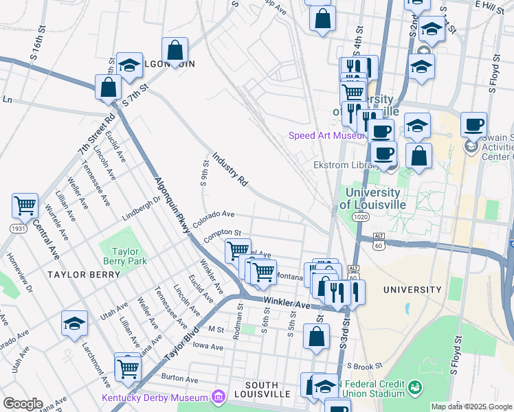 map of restaurants, bars, coffee shops, grocery stores, and more near 2311 Rodman Street in Louisville