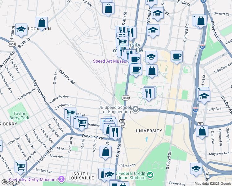 map of restaurants, bars, coffee shops, grocery stores, and more near 2309 South 4th Street in Louisville