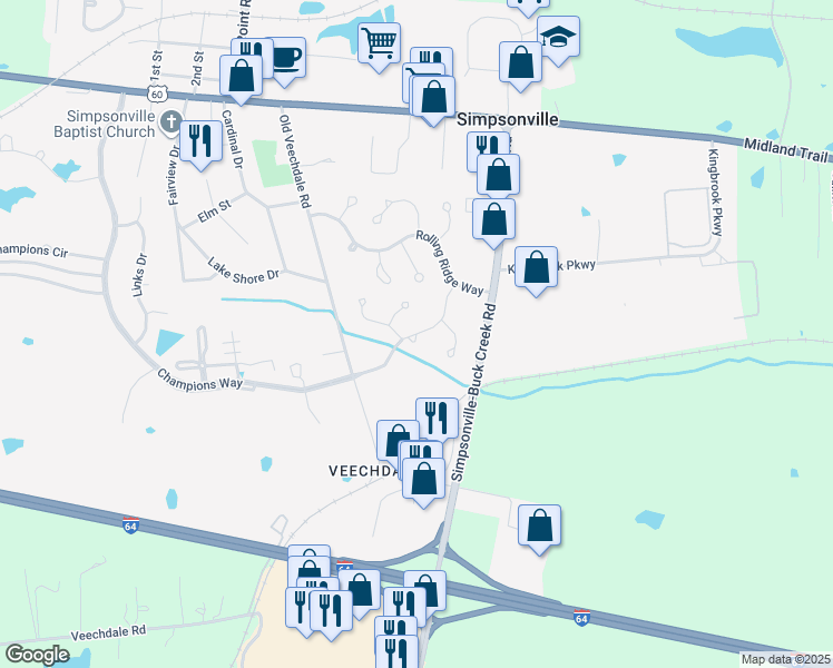 map of restaurants, bars, coffee shops, grocery stores, and more near 1350 Evergreen Way in Simpsonville
