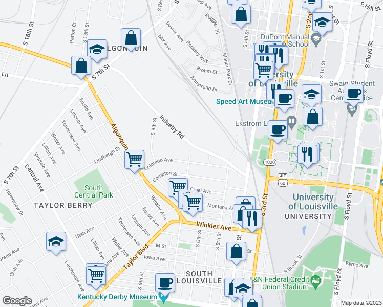 map of restaurants, bars, coffee shops, grocery stores, and more near 2317 Rodman Street in Louisville