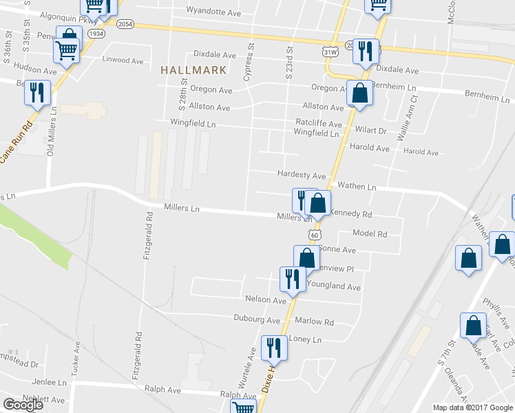 map of restaurants, bars, coffee shops, grocery stores, and more near 2315 Millers Lane in Louisville