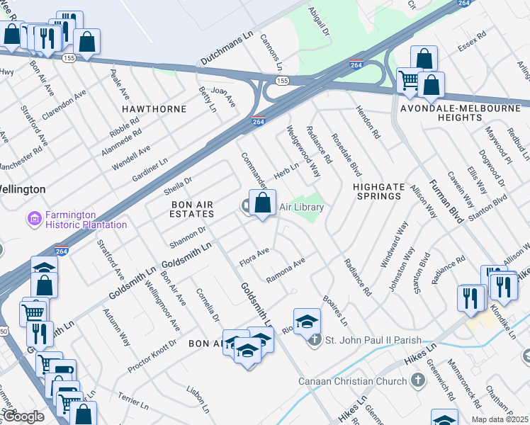 map of restaurants, bars, coffee shops, grocery stores, and more near 3146 Commander Drive in Louisville