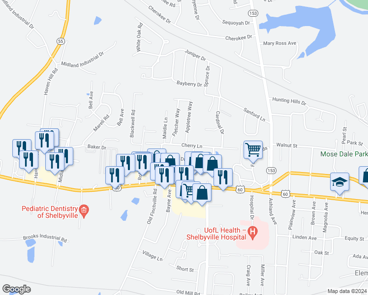 map of restaurants, bars, coffee shops, grocery stores, and more near 1708 Cherry Lane in Shelbyville