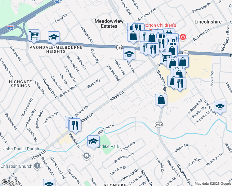 map of restaurants, bars, coffee shops, grocery stores, and more near in Louisville