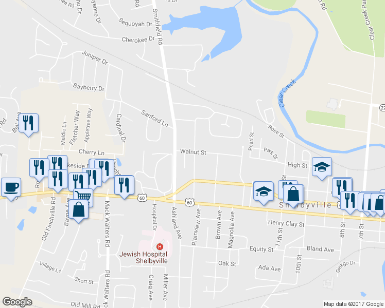map of restaurants, bars, coffee shops, grocery stores, and more near 100 Beechwood Avenue in Shelbyville