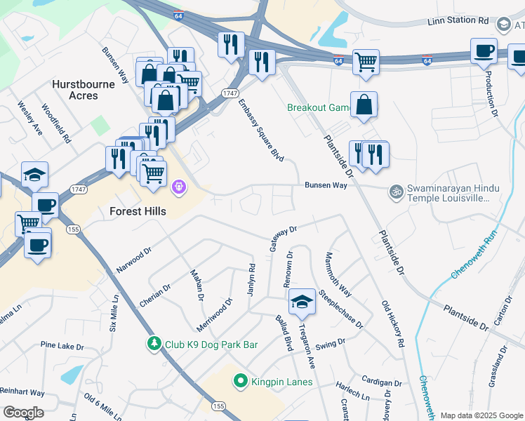 map of restaurants, bars, coffee shops, grocery stores, and more near 2305 Hurstbourne Village Drive in Louisville