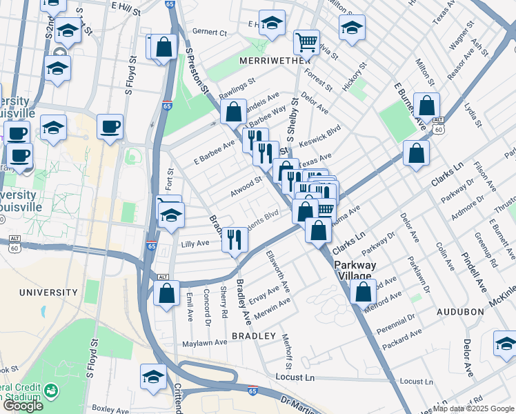 map of restaurants, bars, coffee shops, grocery stores, and more near 774 David Fairleigh Court in Louisville