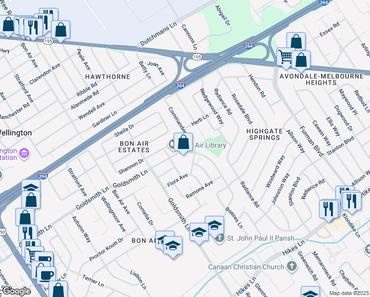 map of restaurants, bars, coffee shops, grocery stores, and more near 2820 Del Rio Place in Louisville