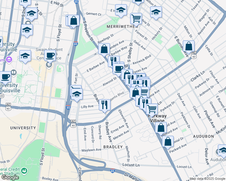 map of restaurants, bars, coffee shops, grocery stores, and more near 774 David Fairleigh Court in Louisville