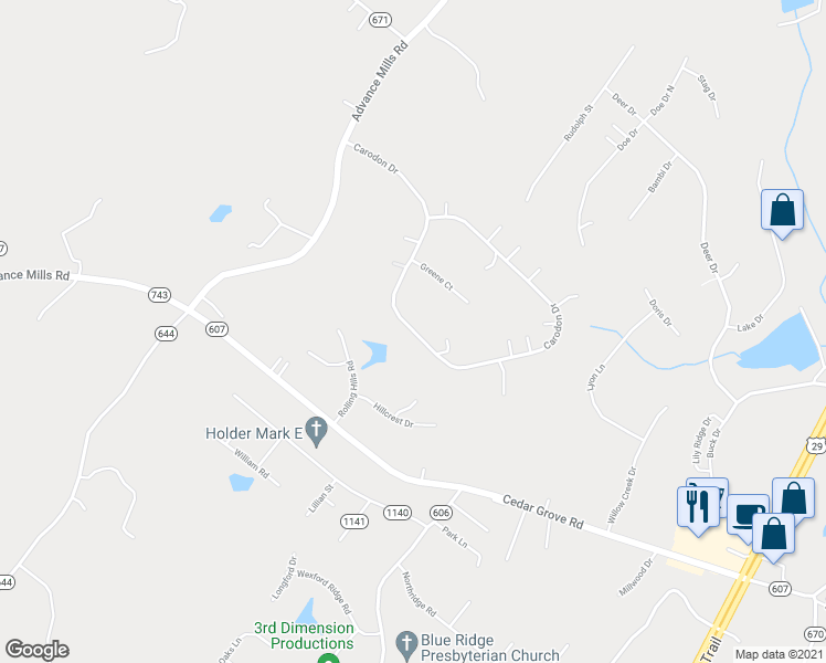 map of restaurants, bars, coffee shops, grocery stores, and more near 601 Carodon Drive in Ruckersville