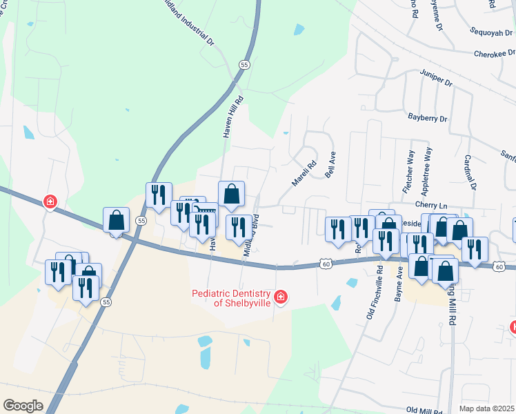 map of restaurants, bars, coffee shops, grocery stores, and more near Midland Boulevard in Shelbyville