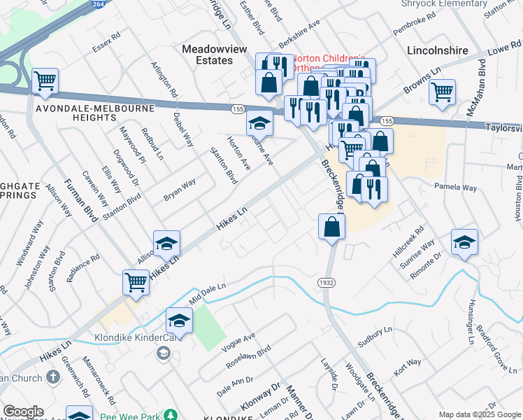 map of restaurants, bars, coffee shops, grocery stores, and more near 2602 Whitehall Terrace in Louisville