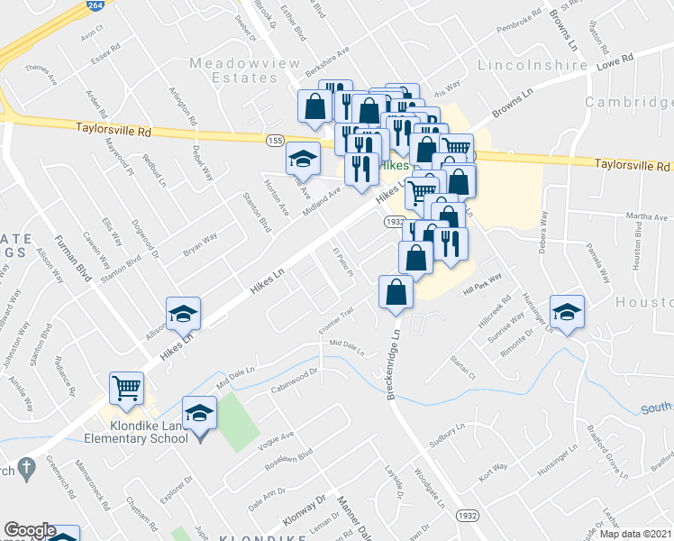 map of restaurants, bars, coffee shops, grocery stores, and more near 2602 El Patio Place in Louisville