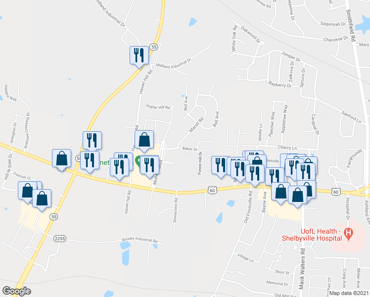 map of restaurants, bars, coffee shops, grocery stores, and more near 45 Baker Drive in Shelbyville