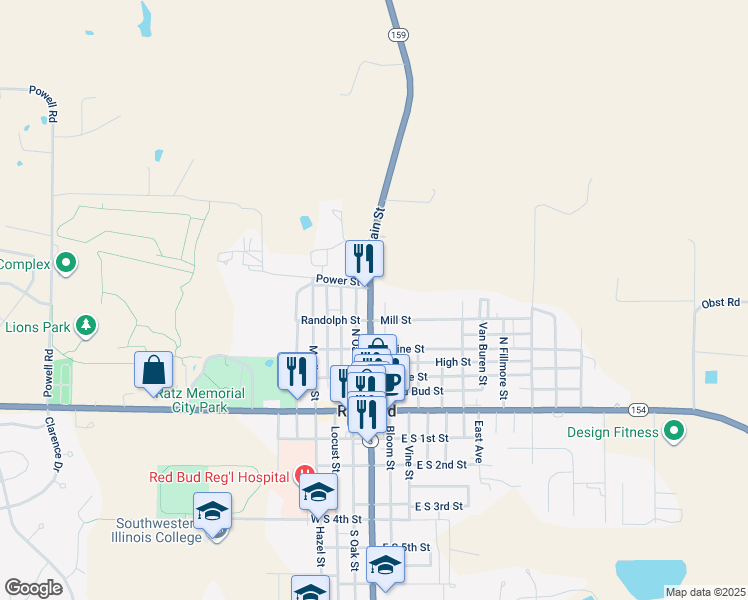 map of restaurants, bars, coffee shops, grocery stores, and more near 420 North Main Street in Red Bud