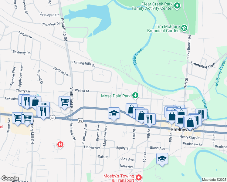 map of restaurants, bars, coffee shops, grocery stores, and more near 129 Alton Road in Shelbyville