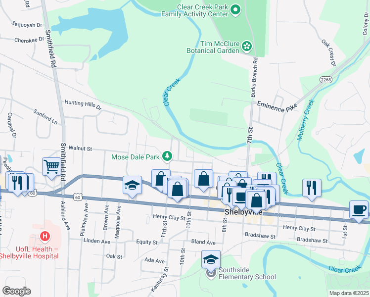 map of restaurants, bars, coffee shops, grocery stores, and more near 12 Kent Street in Shelbyville