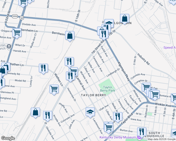 map of restaurants, bars, coffee shops, grocery stores, and more near 1437 Lillian Avenue in Louisville