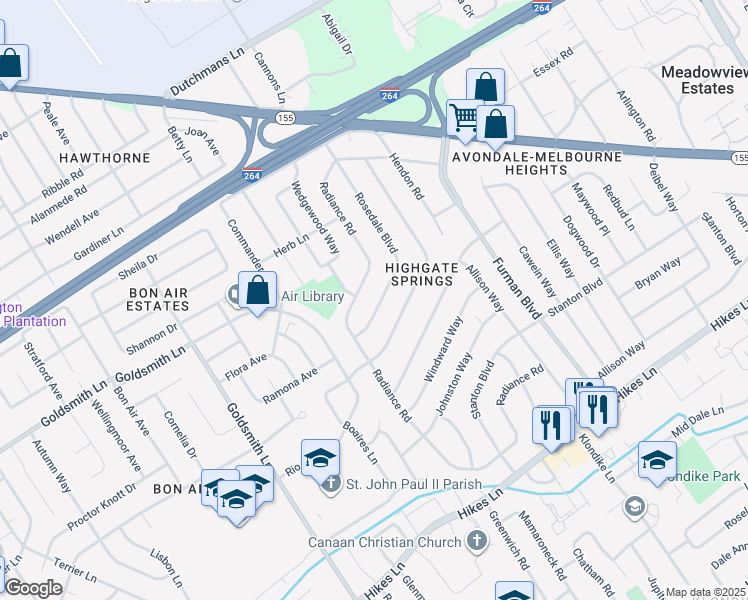 map of restaurants, bars, coffee shops, grocery stores, and more near 3120 Rosedale Boulevard in Louisville