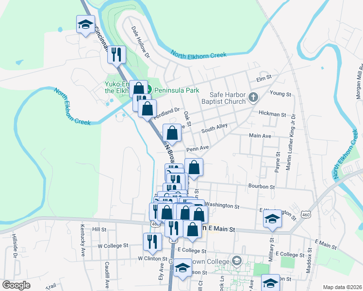 map of restaurants, bars, coffee shops, grocery stores, and more near 403 Robinson Avenue in Georgetown