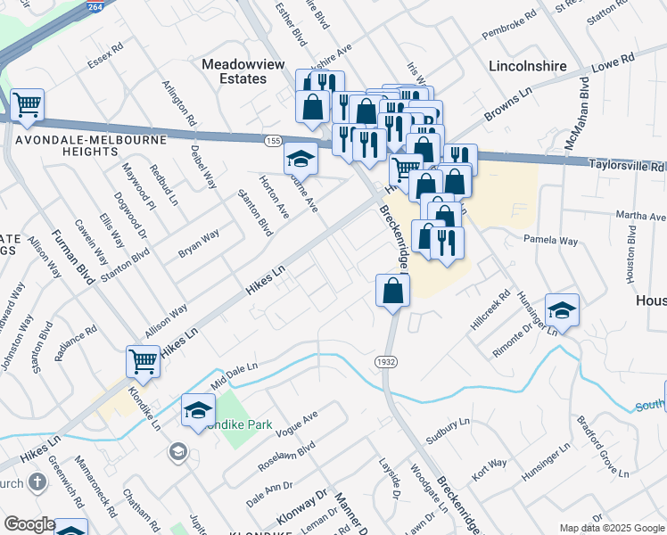 map of restaurants, bars, coffee shops, grocery stores, and more near 2602 El Patio Place in Louisville