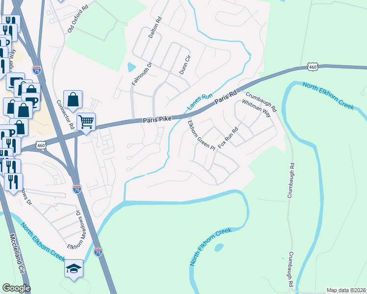 map of restaurants, bars, coffee shops, grocery stores, and more near 103 Fawn Run Court in Georgetown