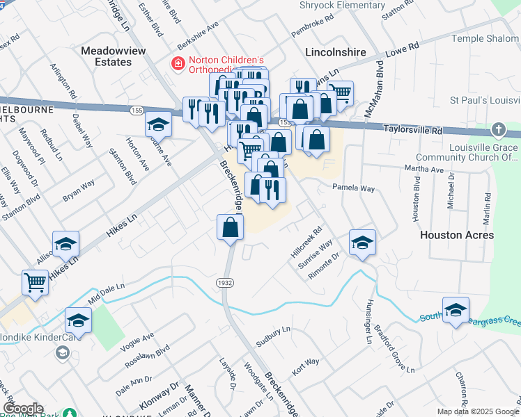 map of restaurants, bars, coffee shops, grocery stores, and more near 3099 Breckenridge Lane in Louisville