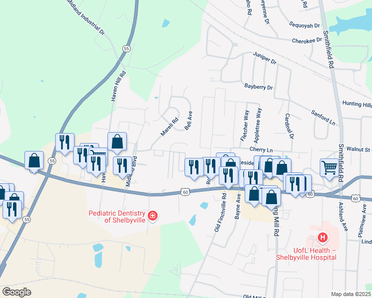map of restaurants, bars, coffee shops, grocery stores, and more near 31 Lee's Court in Shelbyville