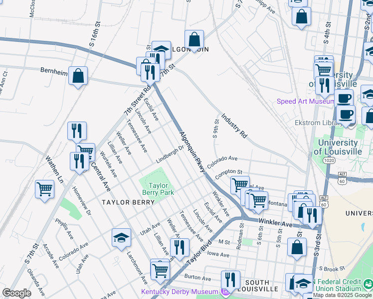 map of restaurants, bars, coffee shops, grocery stores, and more near 1136 Algonquin Parkway in Louisville