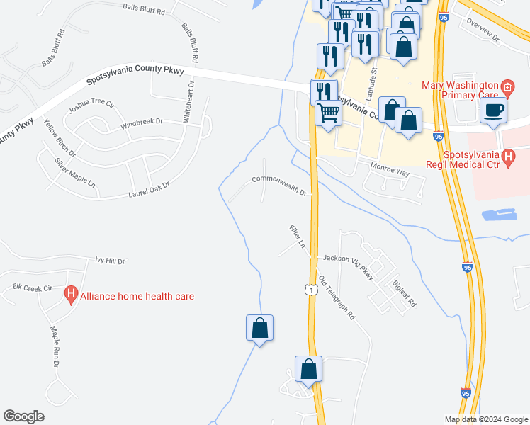 map of restaurants, bars, coffee shops, grocery stores, and more near 9300 Onyx Court in Fredericksburg