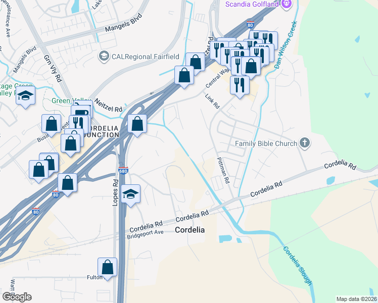 map of restaurants, bars, coffee shops, grocery stores, and more near 485 Pittman Road in Fairfield