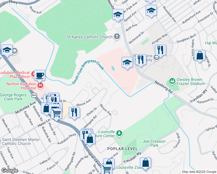 map of restaurants, bars, coffee shops, grocery stores, and more near 3506 Grantswood Court in Louisville