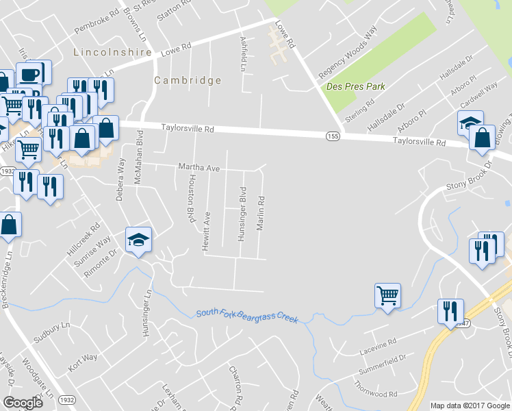 map of restaurants, bars, coffee shops, grocery stores, and more near 3114 Marlin Road in Louisville