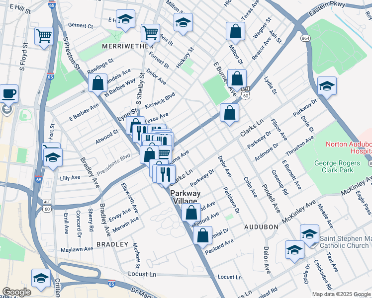 map of restaurants, bars, coffee shops, grocery stores, and more near 843 Minoma Avenue in Louisville