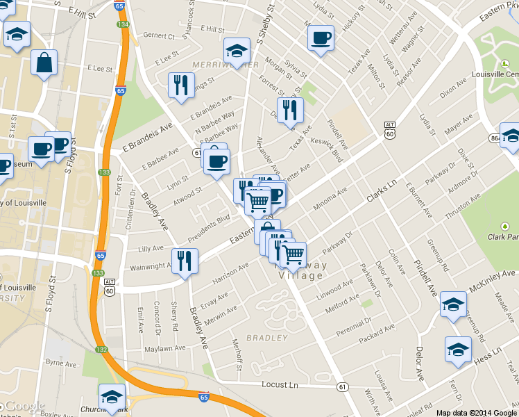 map of restaurants, bars, coffee shops, grocery stores, and more near 2253 South Shelby Street in Louisville