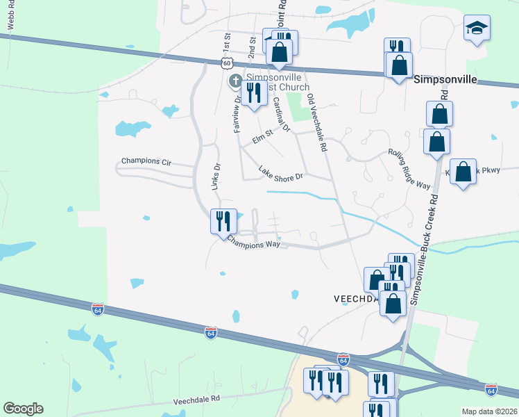 map of restaurants, bars, coffee shops, grocery stores, and more near 647 Crum Court in Simpsonville