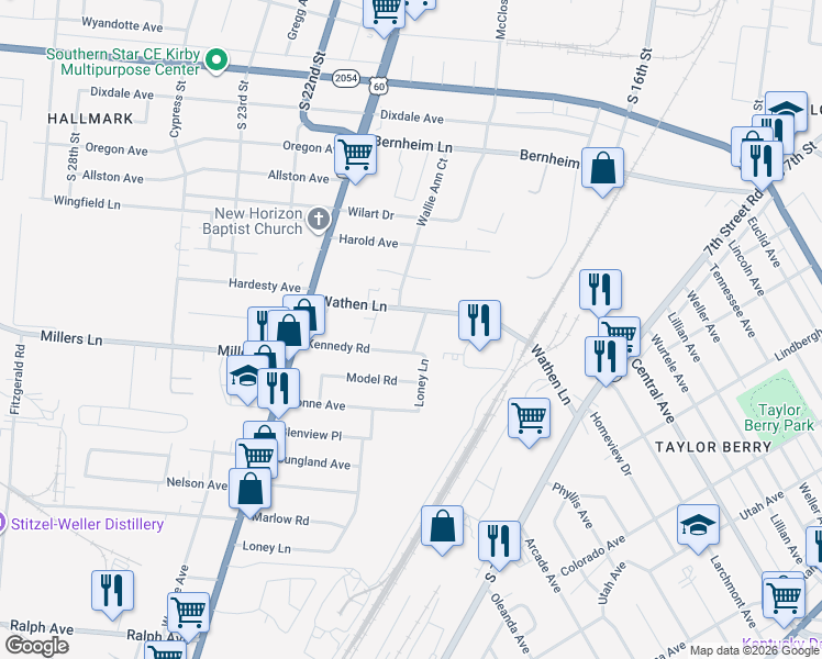 map of restaurants, bars, coffee shops, grocery stores, and more near 2304 Loney Lane in Louisville