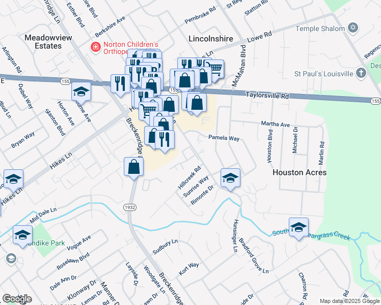 map of restaurants, bars, coffee shops, grocery stores, and more near 3121 Park Church Lane in Louisville