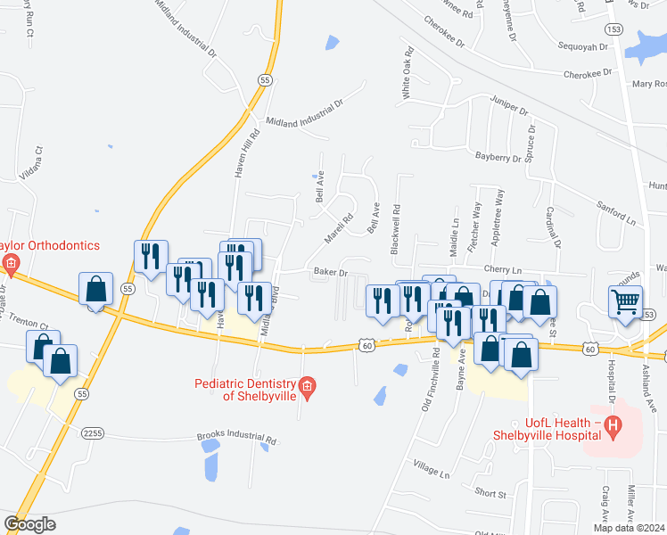 map of restaurants, bars, coffee shops, grocery stores, and more near 132 Baker Drive in Shelbyville