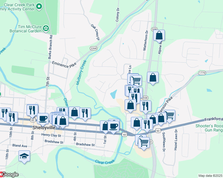 map of restaurants, bars, coffee shops, grocery stores, and more near 800 Lakeview Drive in Shelbyville