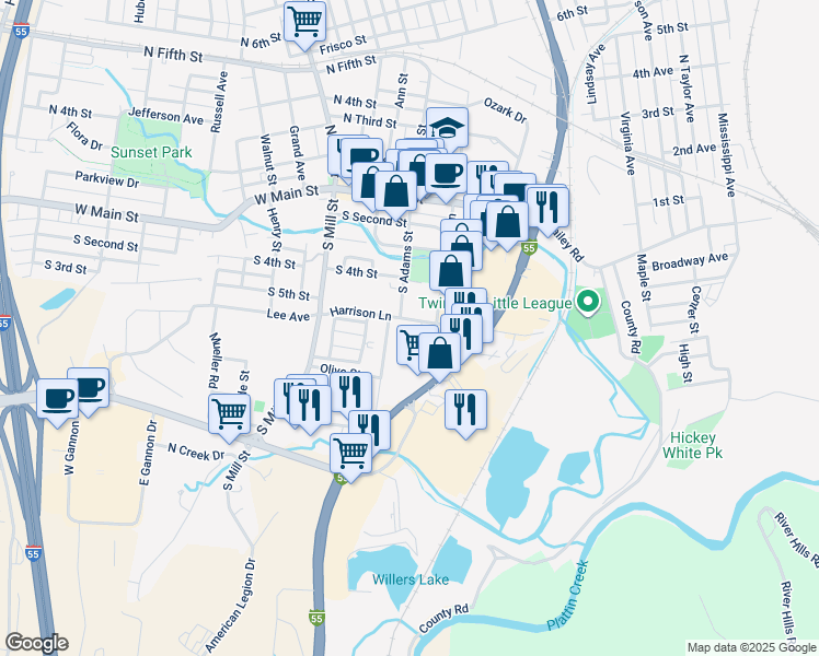 map of restaurants, bars, coffee shops, grocery stores, and more near 18 East Beffa Street in Festus