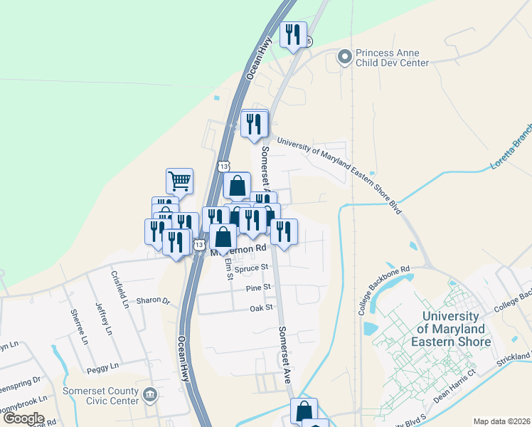 map of restaurants, bars, coffee shops, grocery stores, and more near 12171 Queens Grant Drive in Princess Anne