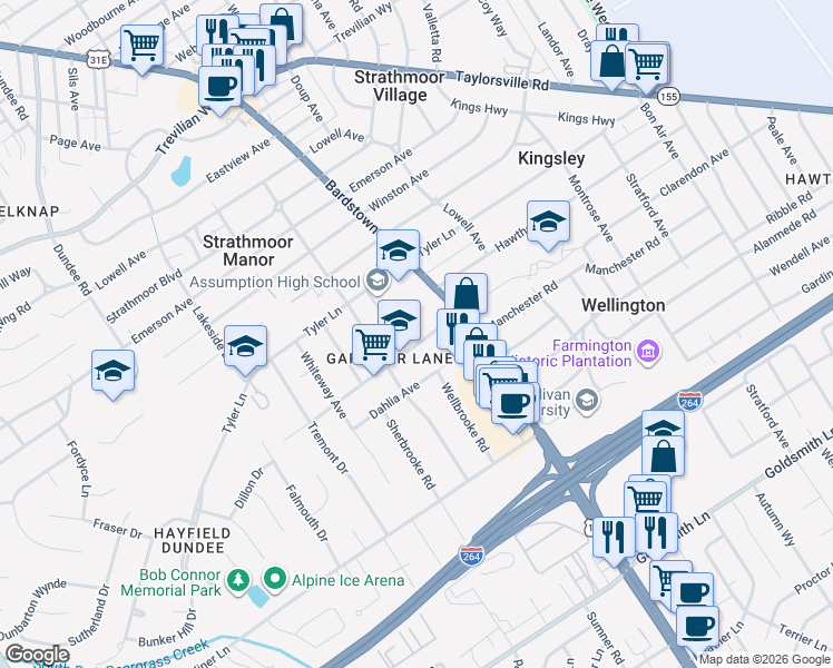 map of restaurants, bars, coffee shops, grocery stores, and more near 2131 Lancashire Avenue in Louisville
