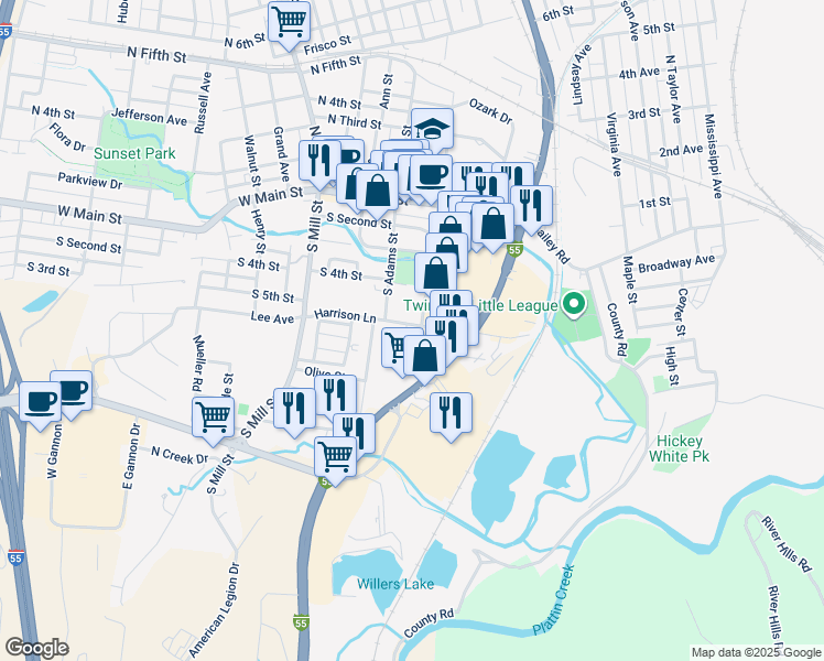 map of restaurants, bars, coffee shops, grocery stores, and more near 18 East Beffa Street in Festus
