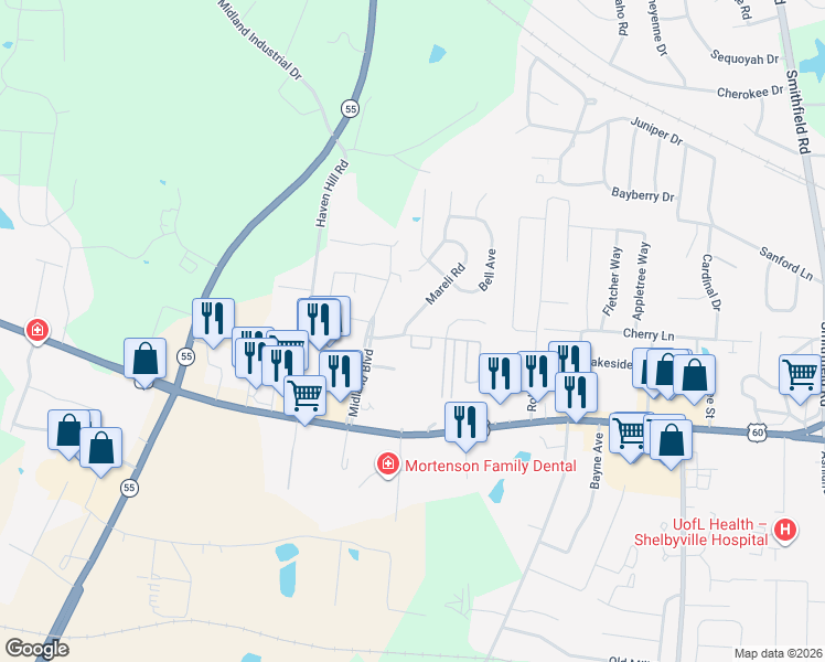 map of restaurants, bars, coffee shops, grocery stores, and more near 155 Baker Drive in Shelbyville