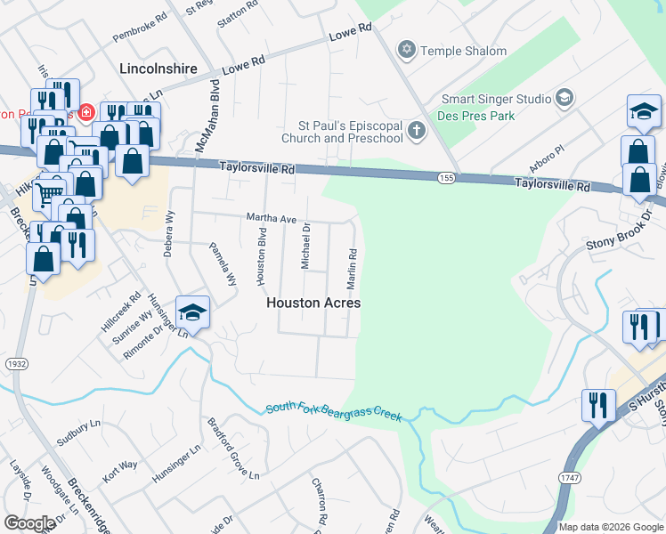 map of restaurants, bars, coffee shops, grocery stores, and more near 3114 Marlin Road in Louisville