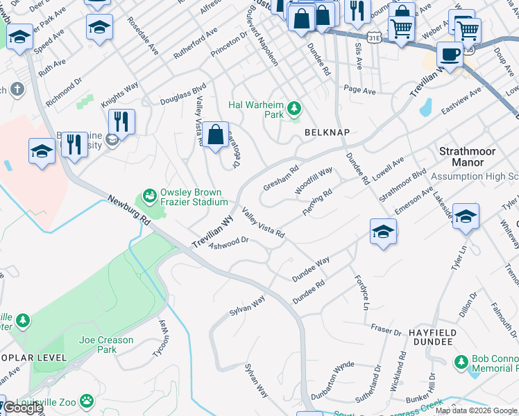 map of restaurants, bars, coffee shops, grocery stores, and more near 1815 Gresham Road in Louisville