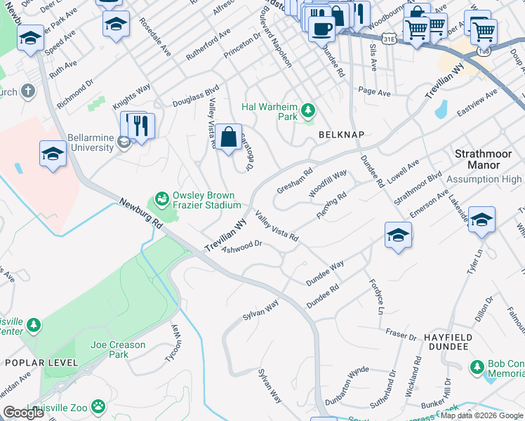 map of restaurants, bars, coffee shops, grocery stores, and more near 1815 Gresham Road in Louisville